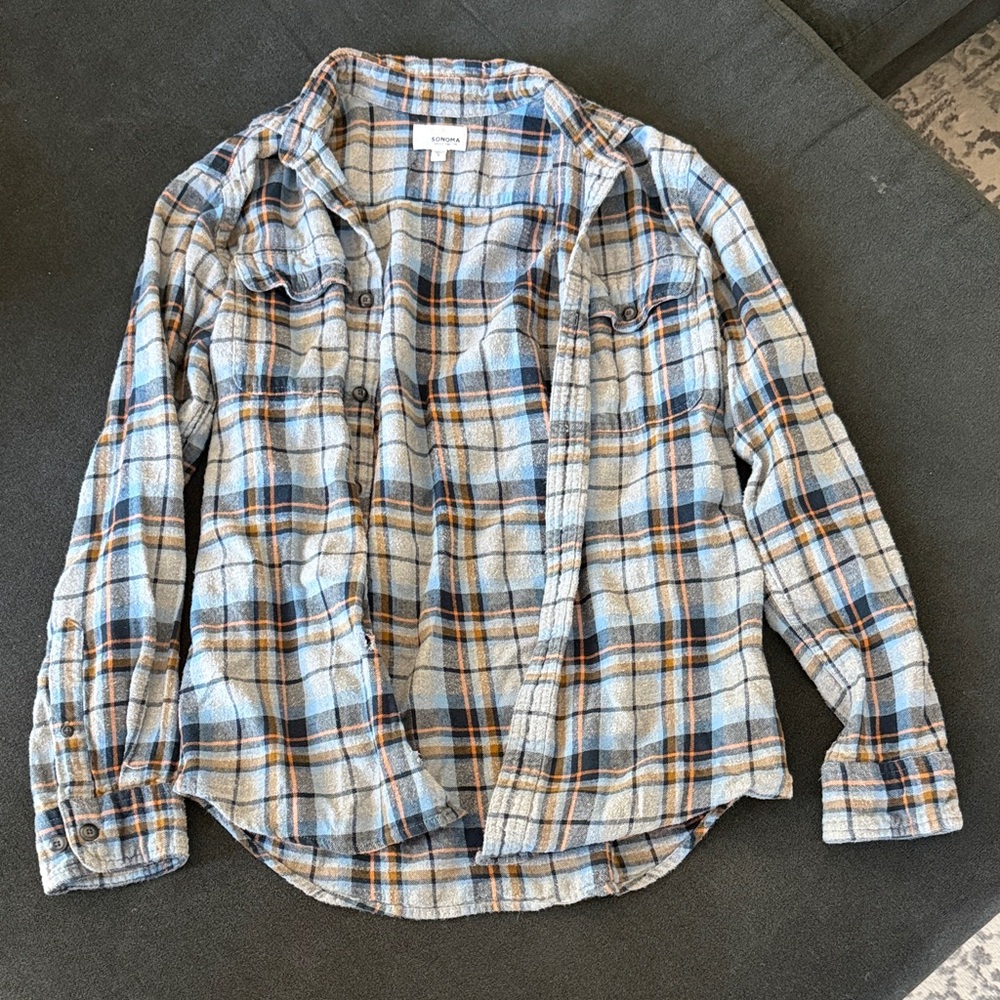 Sonoma Light Blue and Tan Plaid Button-Down Shirt